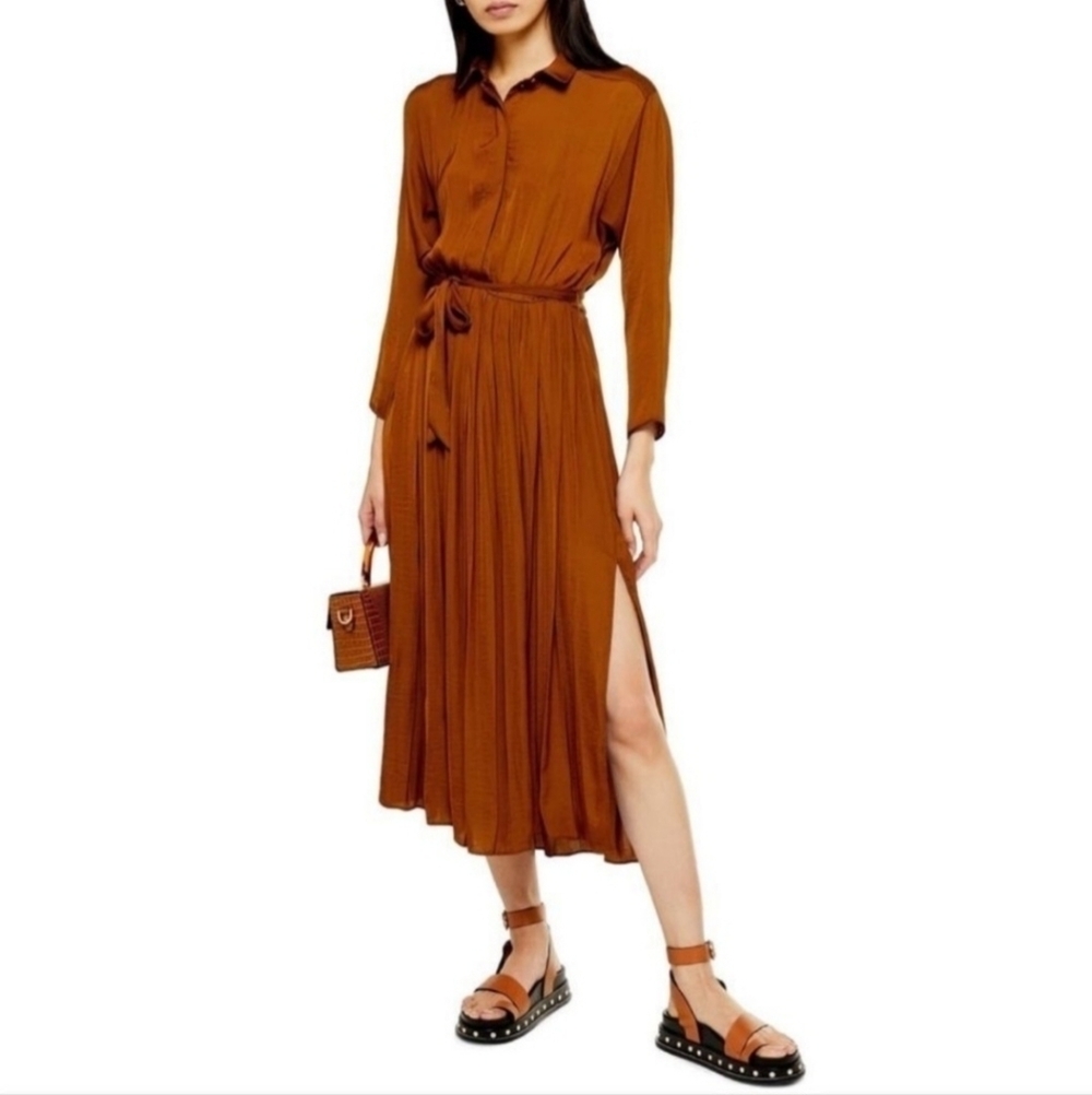 Topshop Tan Brown Pleated Midi Shirt Dress‎ Long Sleeve Tie Waist US 2 10T34QTAN